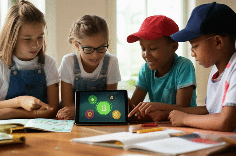 Educação Financeira Infantil Crianças aprendendo sobre criptomoedas em um tablet