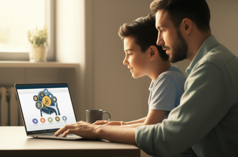 Escolhendo um Faucet Seguro Pai e filho escolhendo um faucet de criptomoedas